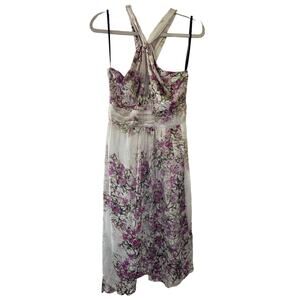 Bebe | Size S Floral 100% Silk Halter Dress Asymmetrical Wedding Formal Brunch